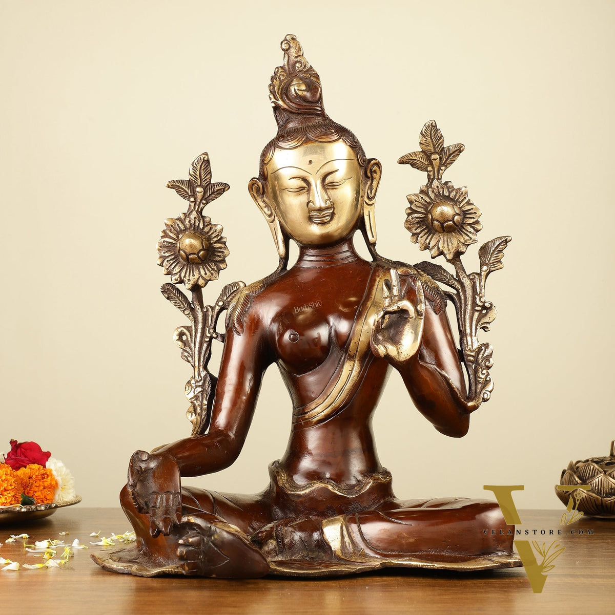 Large Pure Brass Green Tara Idol 13"