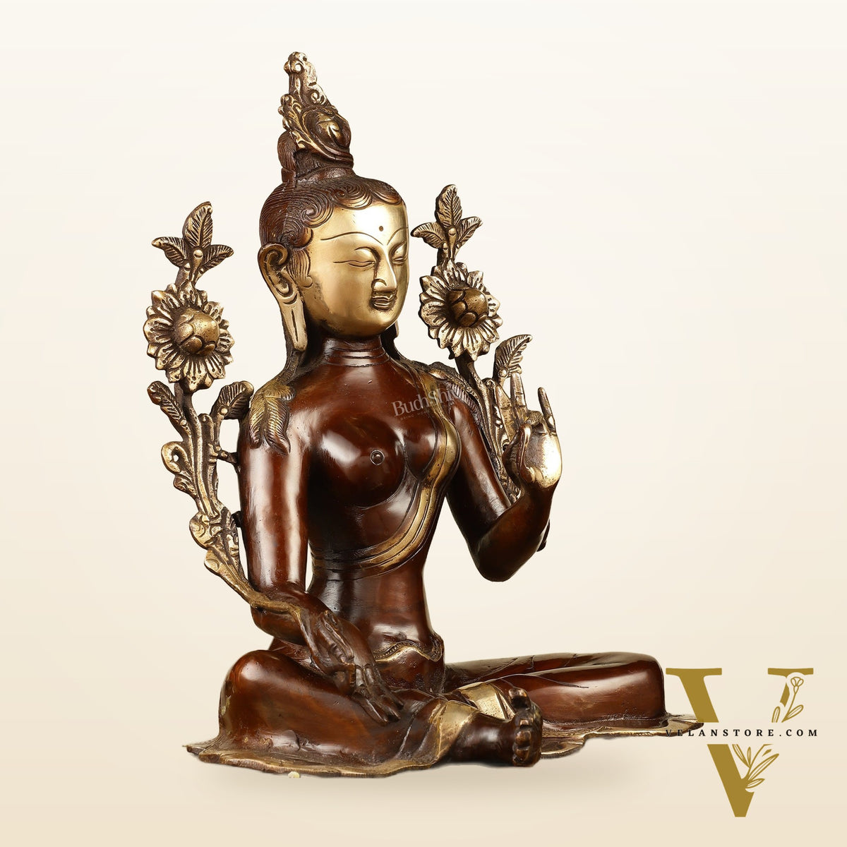Large Pure Brass Green Tara Idol 13"