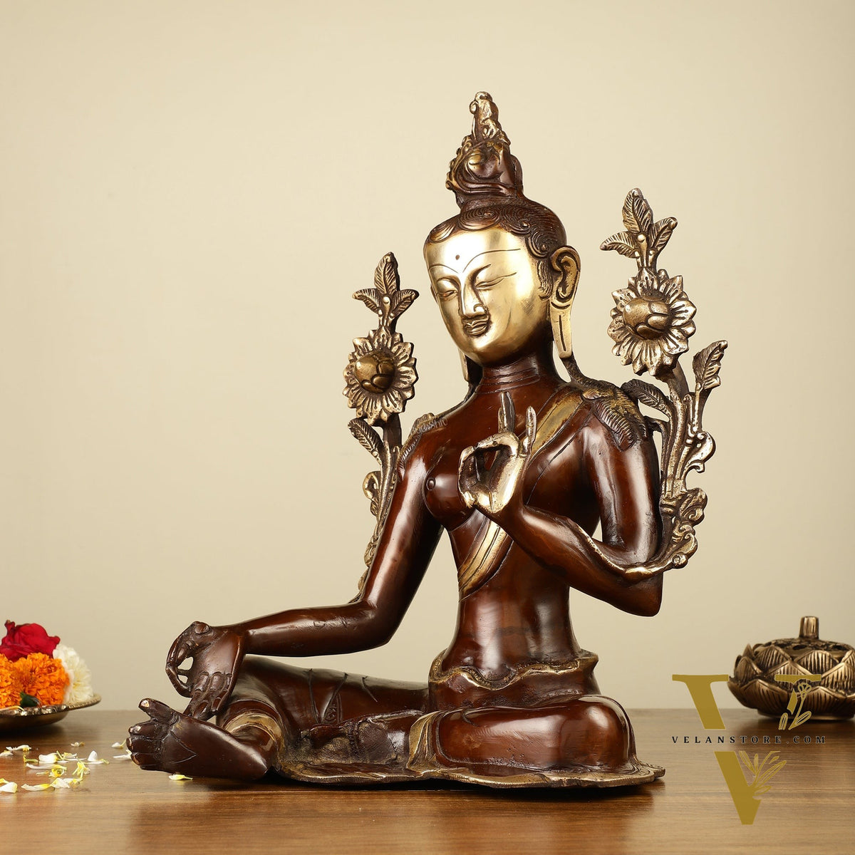 Large Pure Brass Green Tara Idol 13"