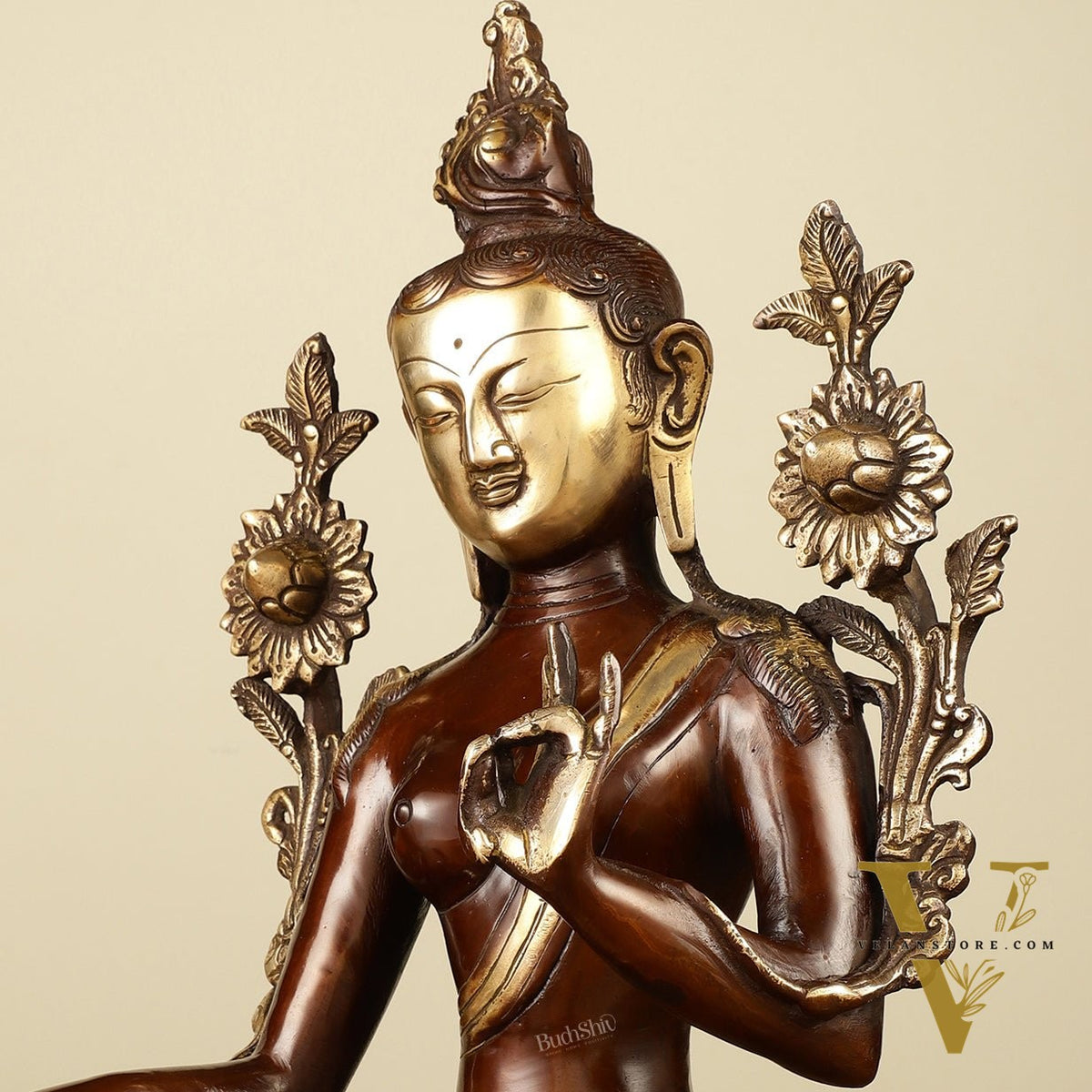 Large Pure Brass Green Tara Idol 13"