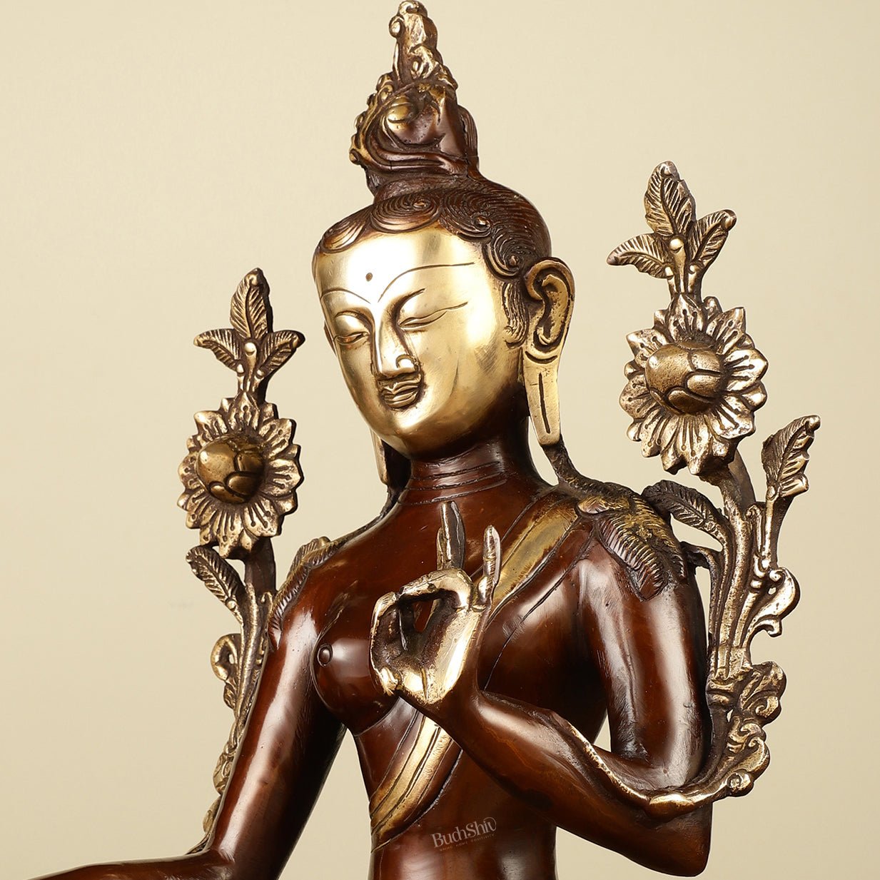 Large Pure Brass Green Tara Idol 13"