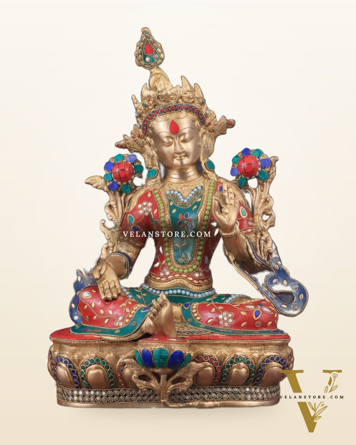 Large Pure Brass Green Tara Statue with Meenakari Stonework - 18.5"