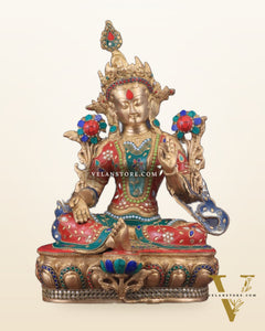 Large Pure Brass Green Tara Statue with Meenakari Stonework - 18.5"