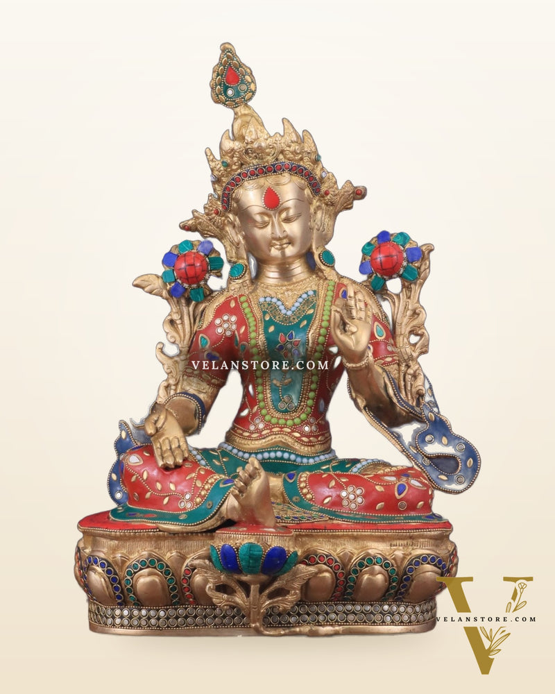 Large Pure Brass Green Tara Statue with Meenakari Stonework - 18.5"