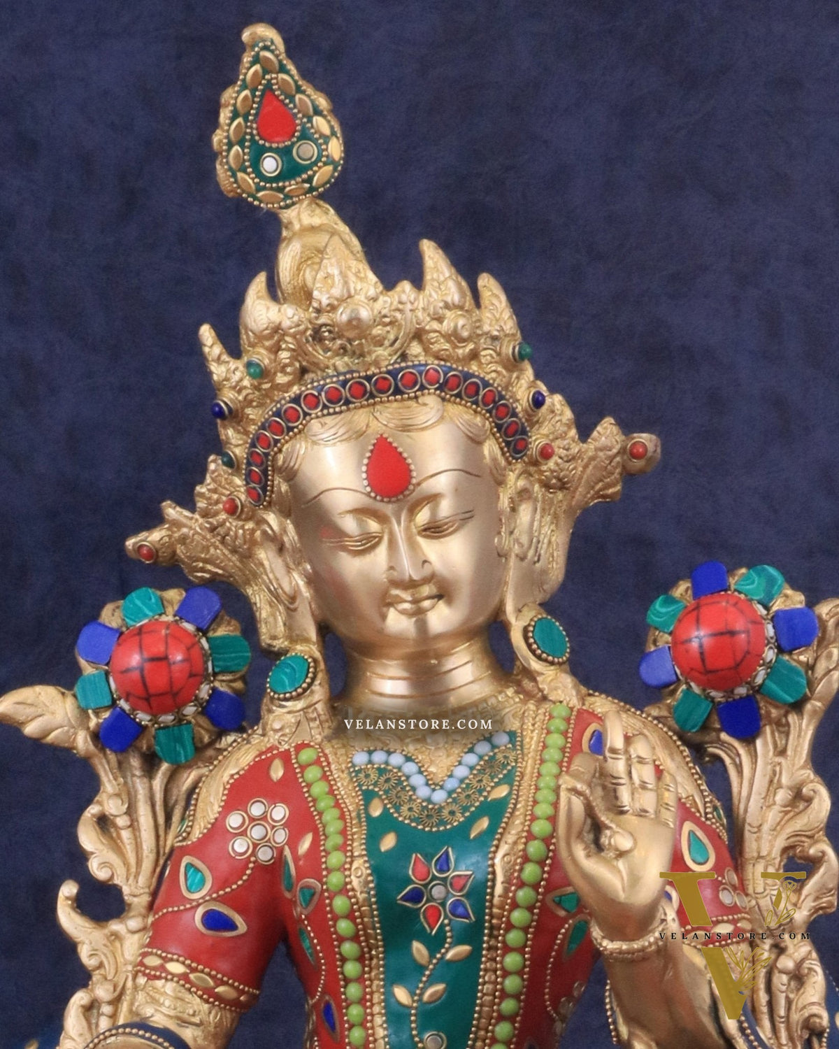 Large Pure Brass Green Tara Statue with Meenakari Stonework - 18.5"