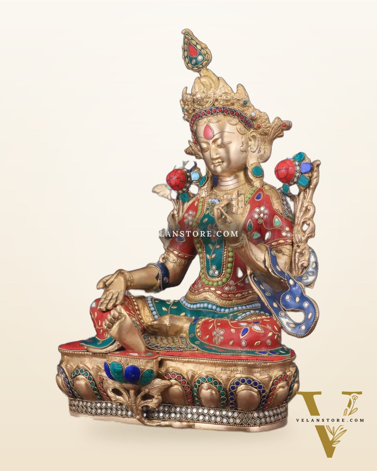 Large Pure Brass Green Tara Statue with Meenakari Stonework - 18.5"