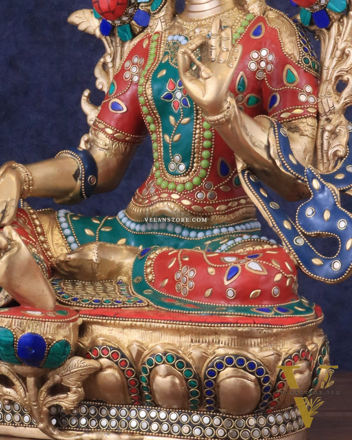 Large Pure Brass Green Tara Statue with Meenakari Stonework - 18.5"