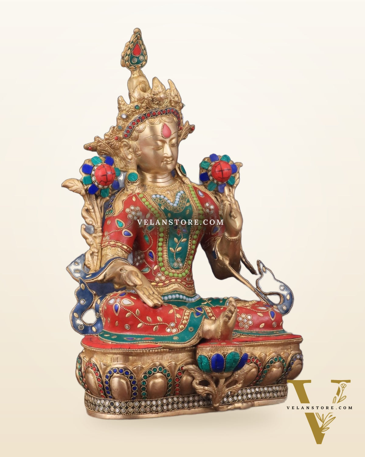 Large Pure Brass Green Tara Statue with Meenakari Stonework - 18.5"