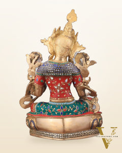 Large Pure Brass Green Tara Statue with Meenakari Stonework - 18.5"