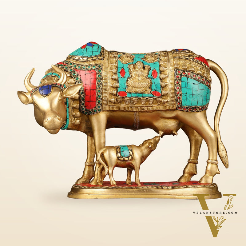 Large Pure Brass Kamdhenu Cow with Calf Statue - 13 inch