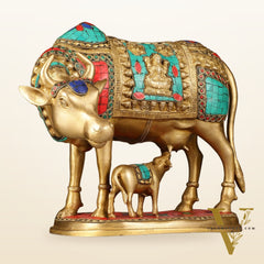 Large Pure Brass Kamdhenu Cow with Calf Statue - 13 inch