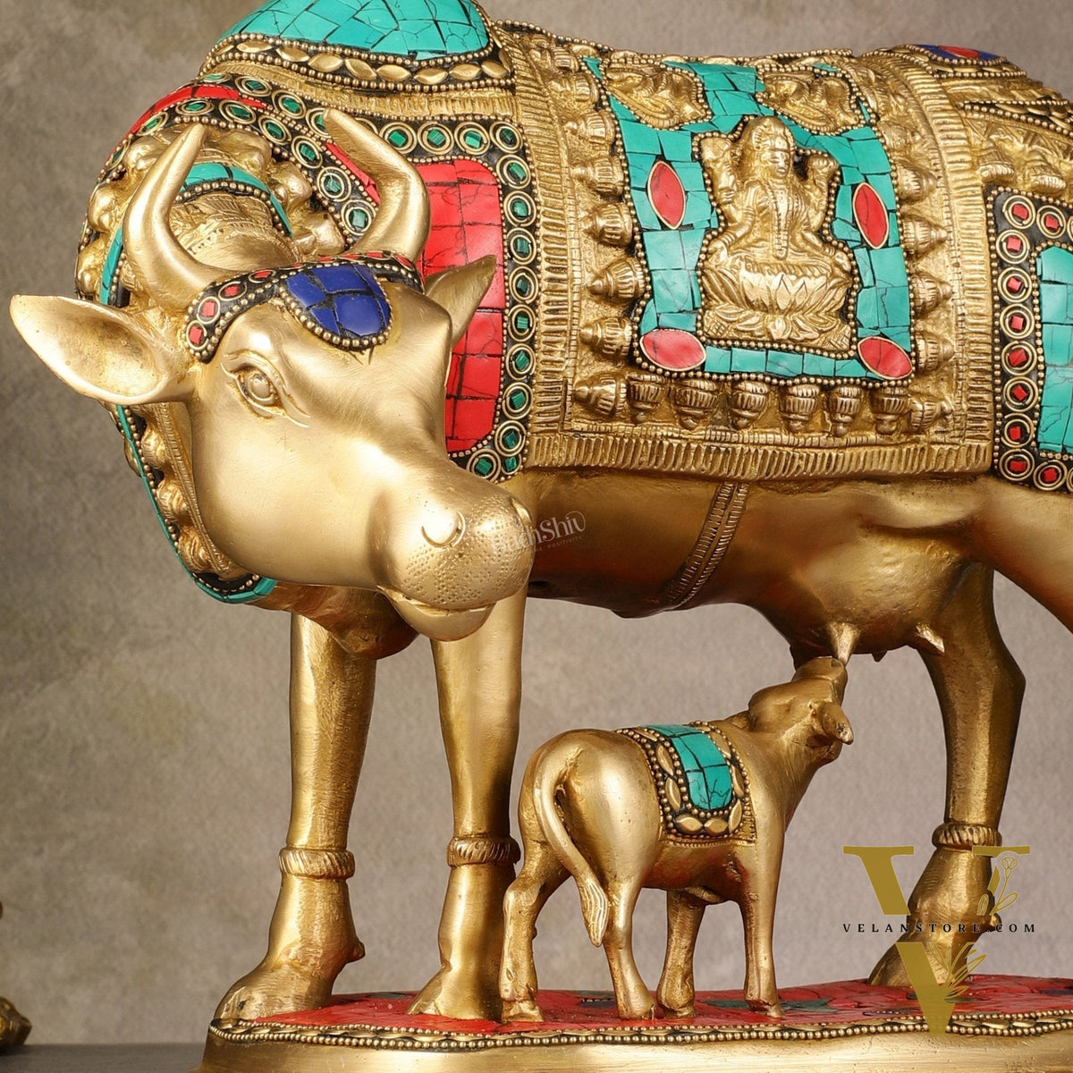 Large Pure Brass Kamdhenu Cow with Calf Statue - 13 inch