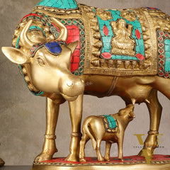 Large Pure Brass Kamdhenu Cow with Calf Statue - 13 inch
