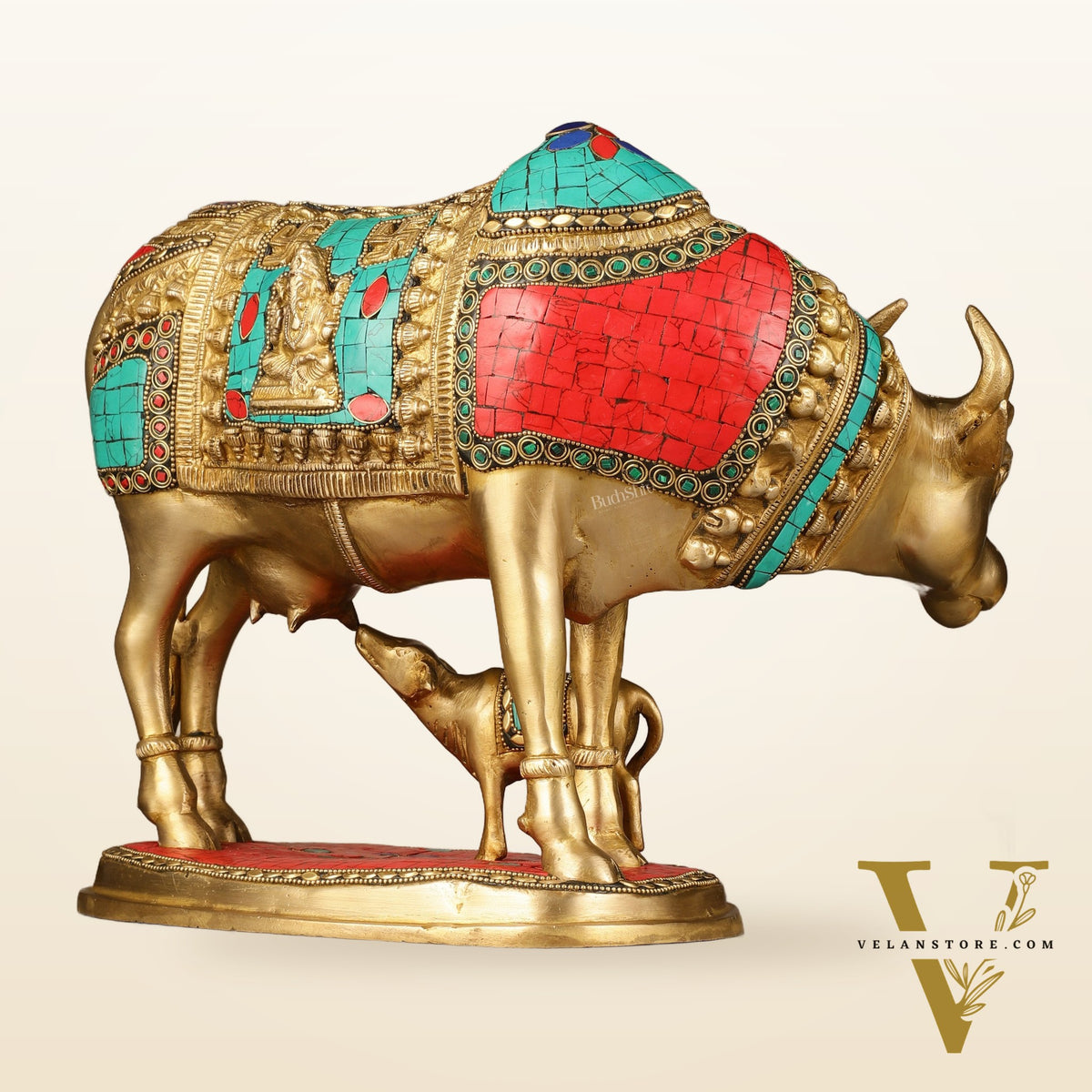 Large Pure Brass Kamdhenu Cow with Calf Statue - 13 inch