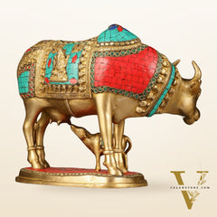 Large Pure Brass Kamdhenu Cow with Calf Statue - 13 inch