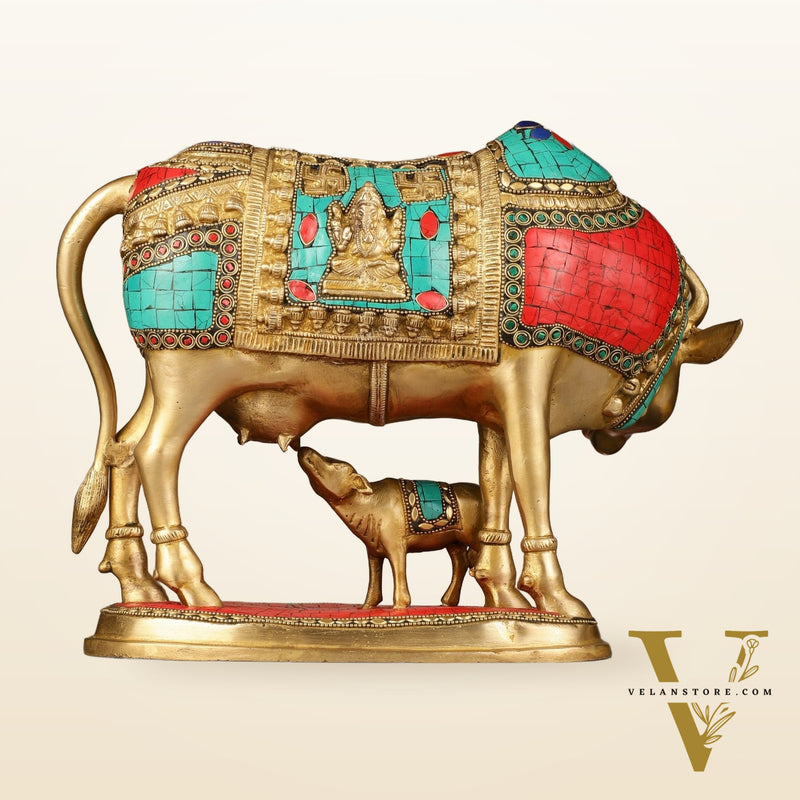 Large Pure Brass Kamdhenu Cow with Calf Statue - 13 inch