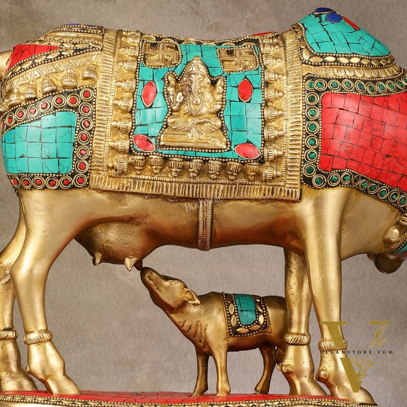 Large Pure Brass Kamdhenu Cow with Calf Statue - 13 inch