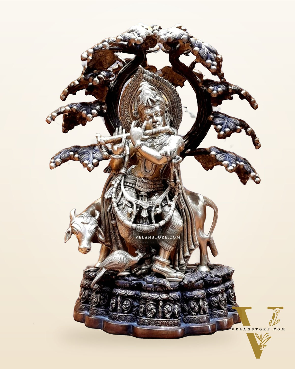 Large Pure Brass Krishna with Cow Under Tree Statue - 30