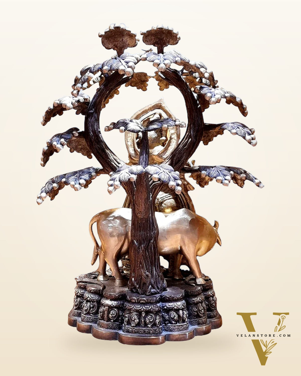Large Pure Brass Krishna with Cow Under Tree Statue - 30