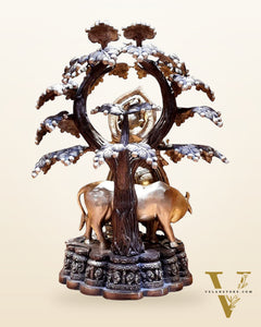 Large Pure Brass Krishna with Cow Under Tree Statue - 30