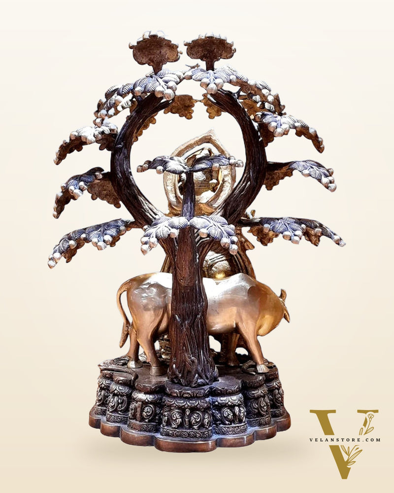 Large Pure Brass Krishna with Cow Under Tree Statue - 30