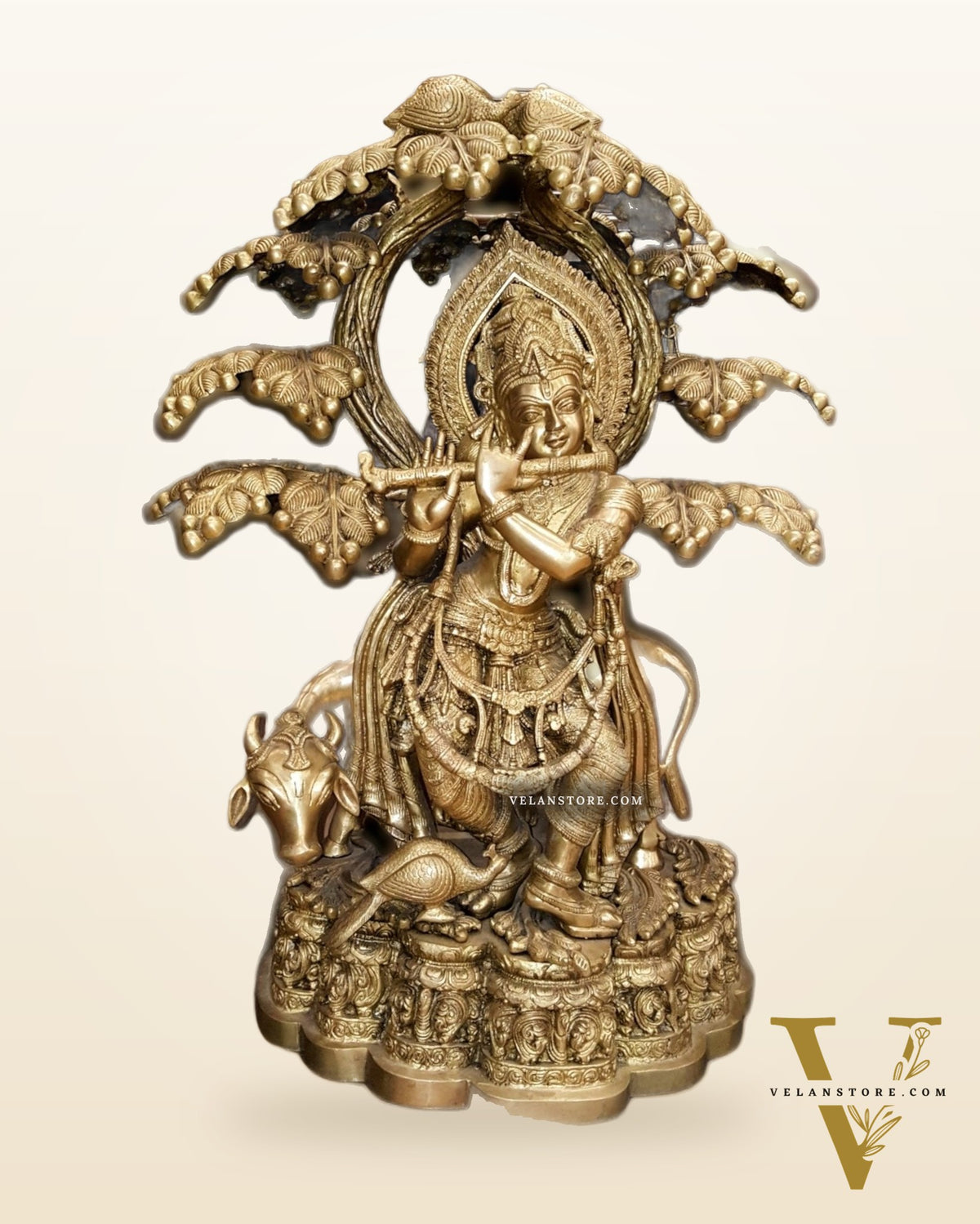 Large Pure Brass Krishna with Cow Under Tree Statue - 30
