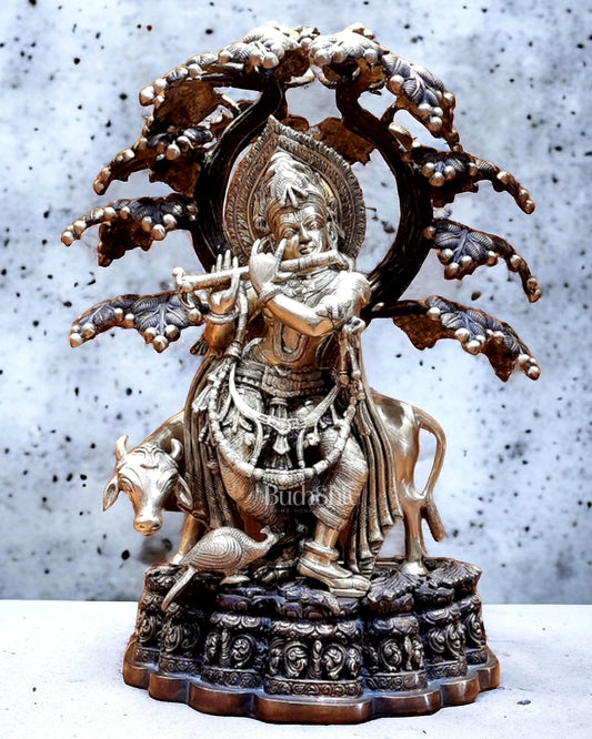 Large Pure Brass Krishna with Cow Under Tree Statue - 30