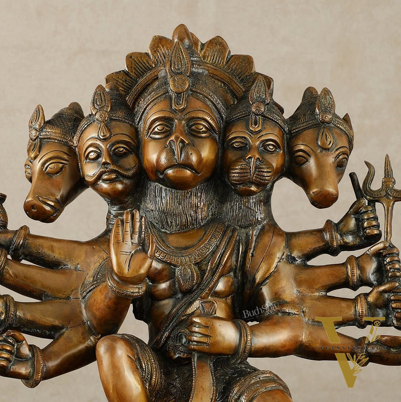 Large Pure Brass Panchmukhi Hanuman Statue – Copper Tone, 17 Inch