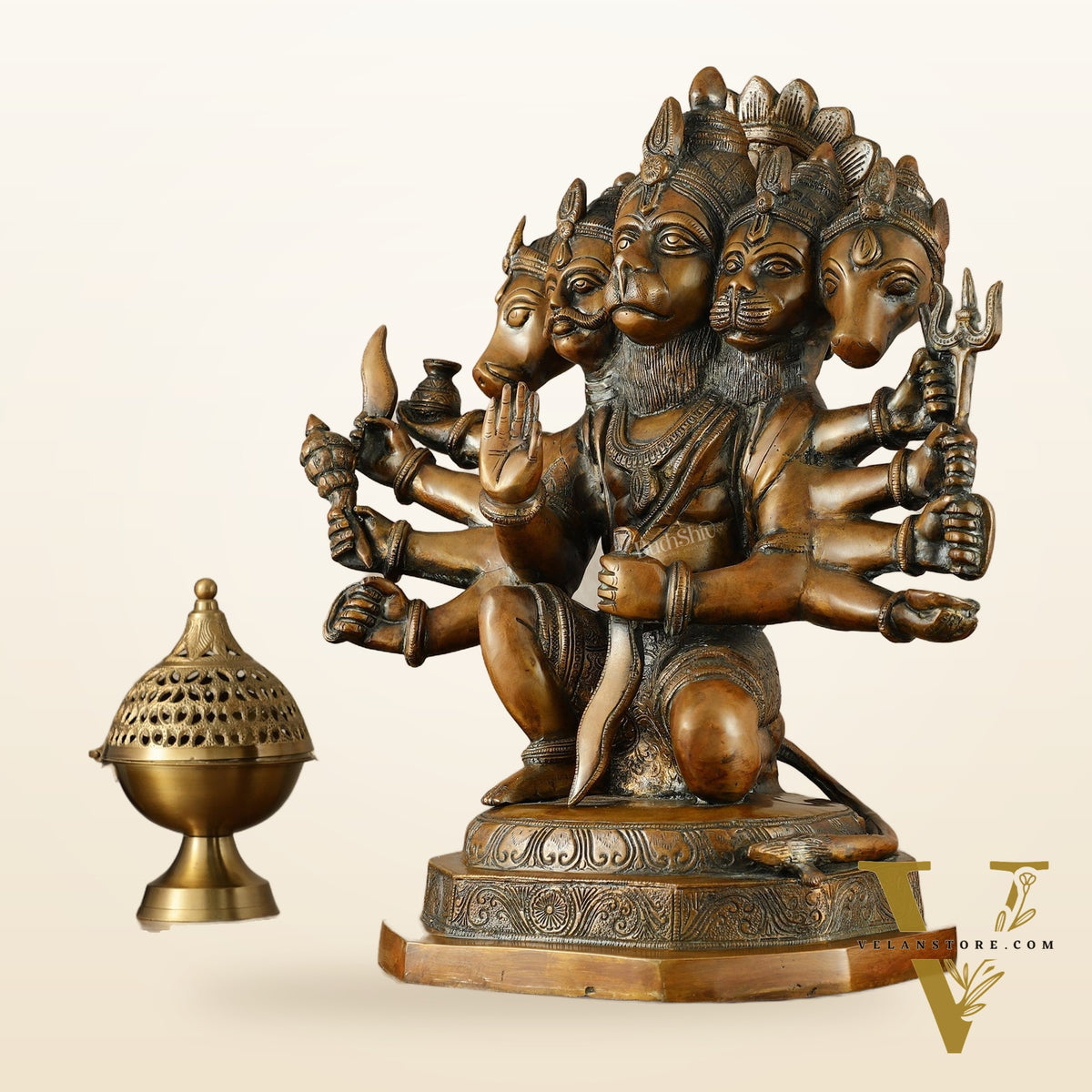 Large Pure Brass Panchmukhi Hanuman Statue – Copper Tone, 17 Inch