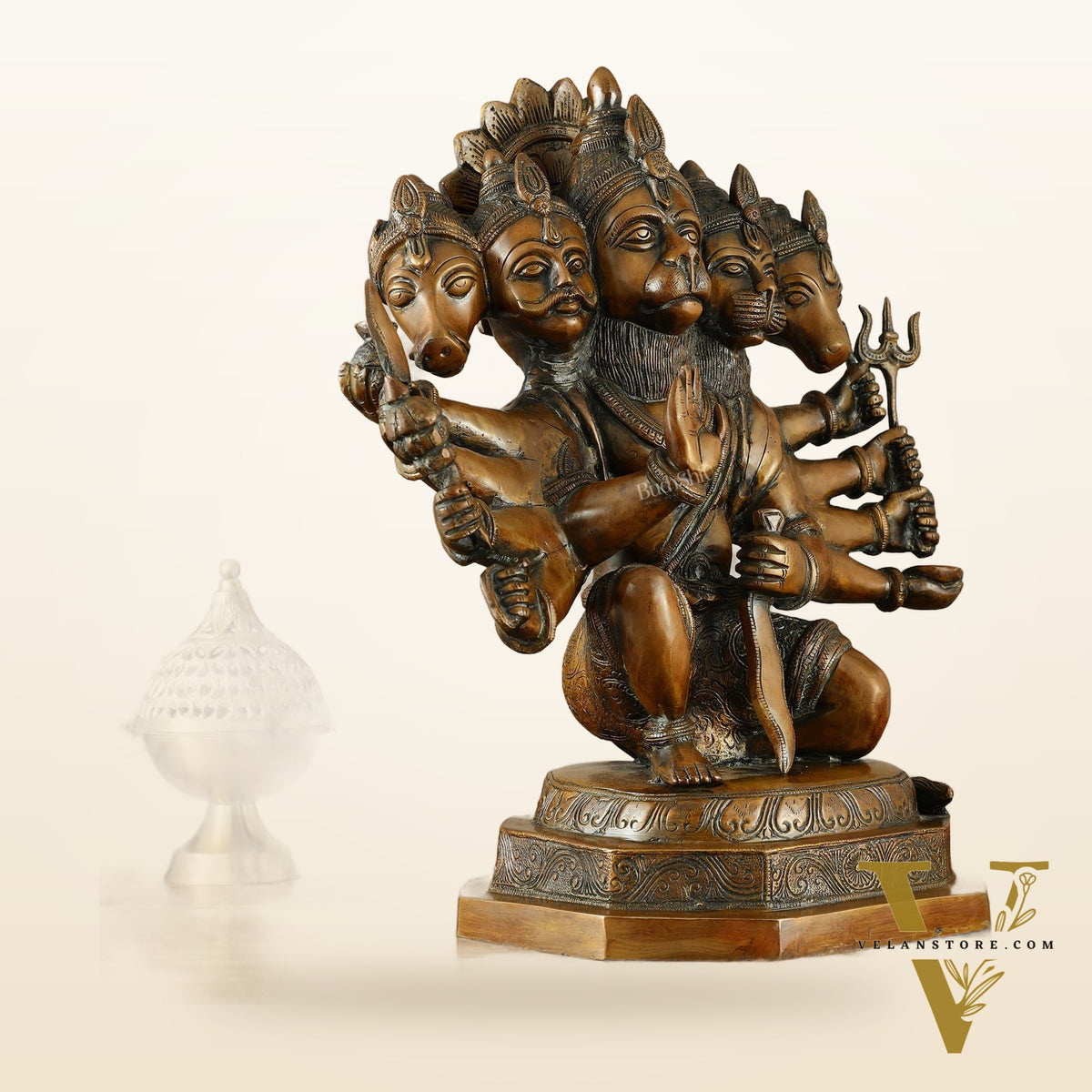 Large Pure Brass Panchmukhi Hanuman Statue – Copper Tone, 17 Inch