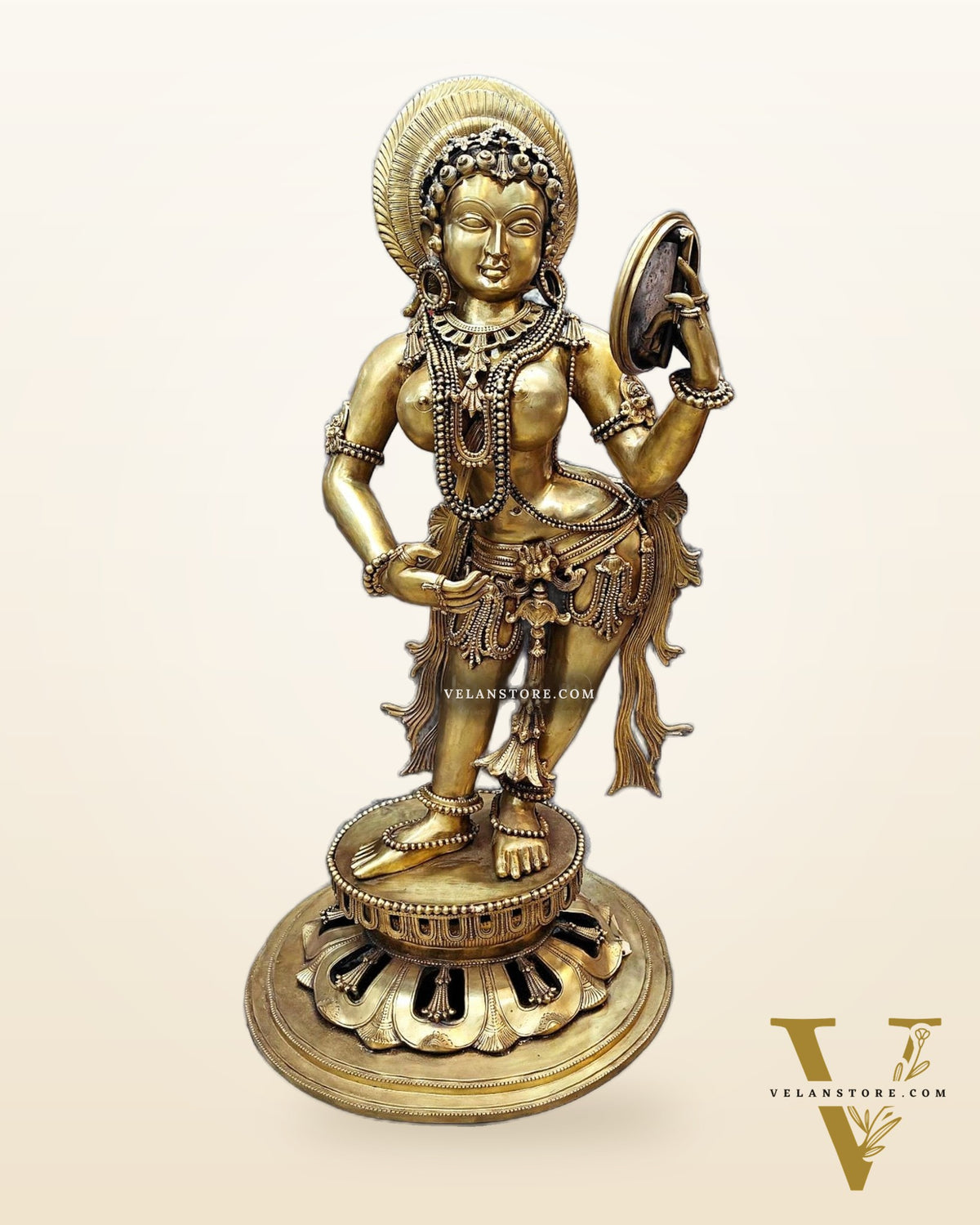 Large Pure Bronze Apsara Holding a Mirror Sculpture 54"