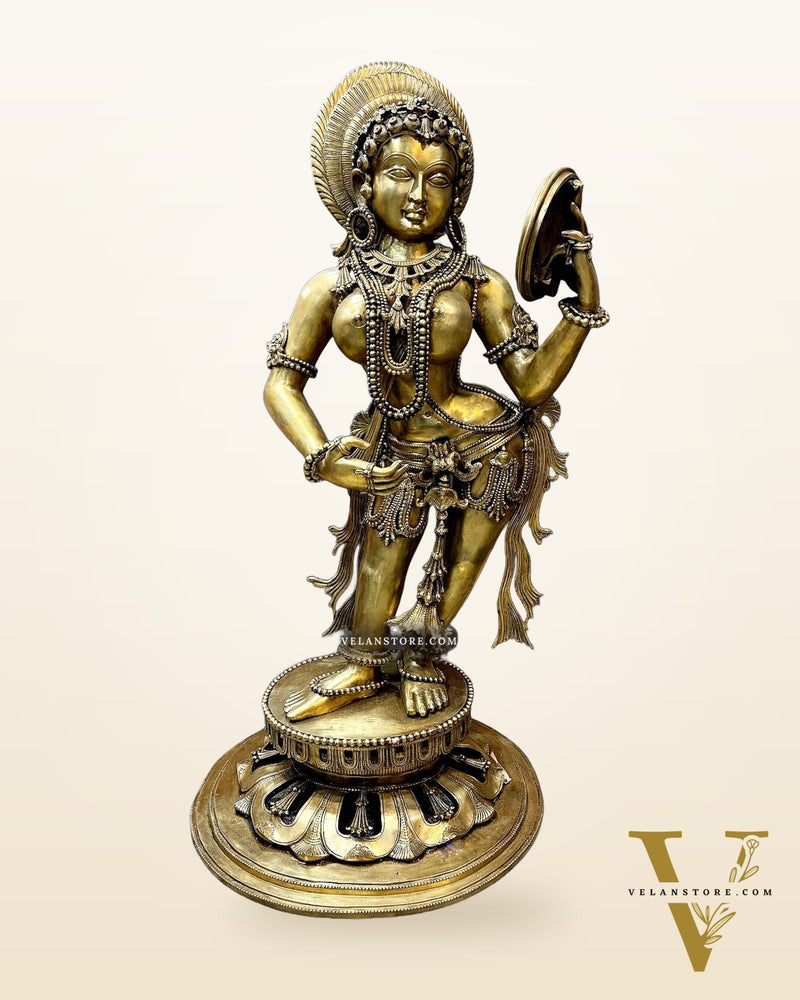 Large Pure Bronze Apsara Holding a Mirror Sculpture 54"