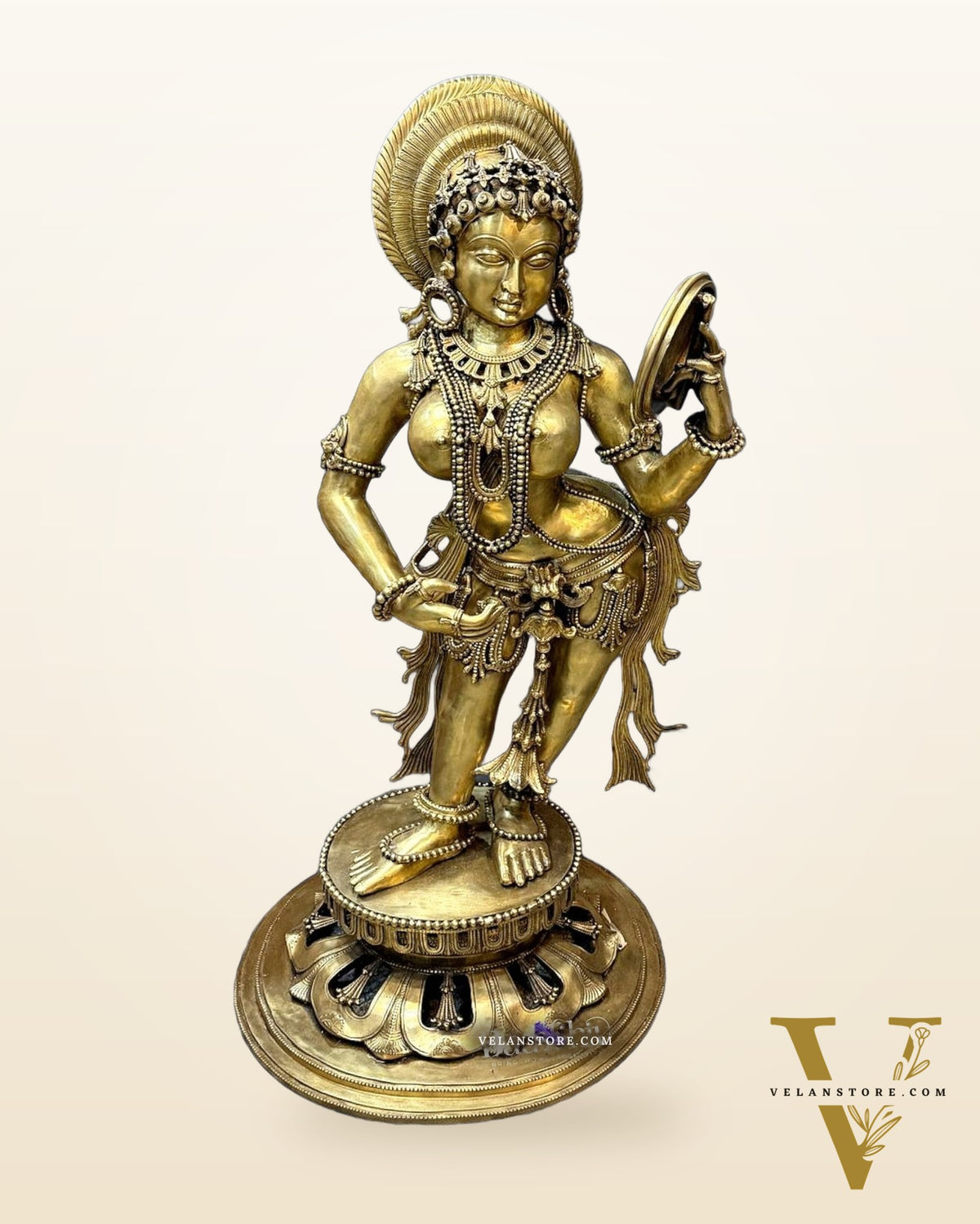 Large Pure Bronze Apsara Holding a Mirror Sculpture 54"