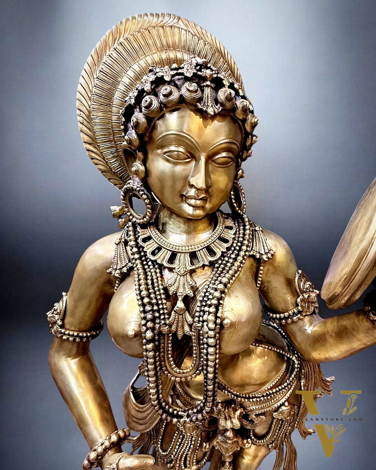 Large Pure Bronze Apsara Holding a Mirror Sculpture 54"