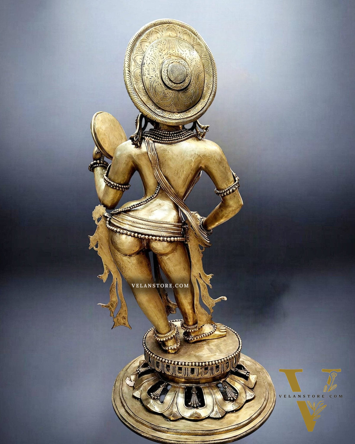 Large Pure Bronze Apsara Holding a Mirror Sculpture 54"