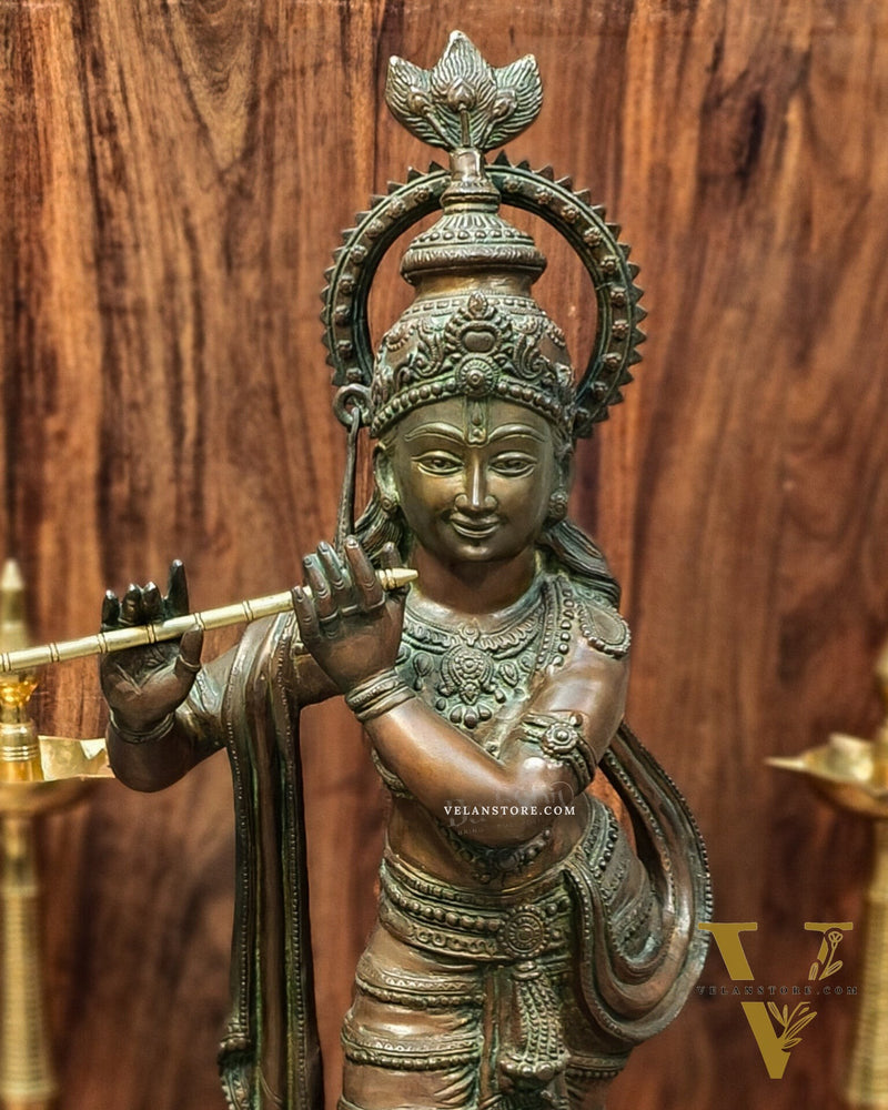 Large-Sized Brass Lord Krishna Statue | Antique Bronze Finish | 36 inch