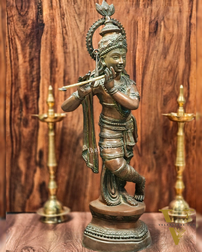 Large-Sized Brass Lord Krishna Statue | Antique Bronze Finish | 36 inch