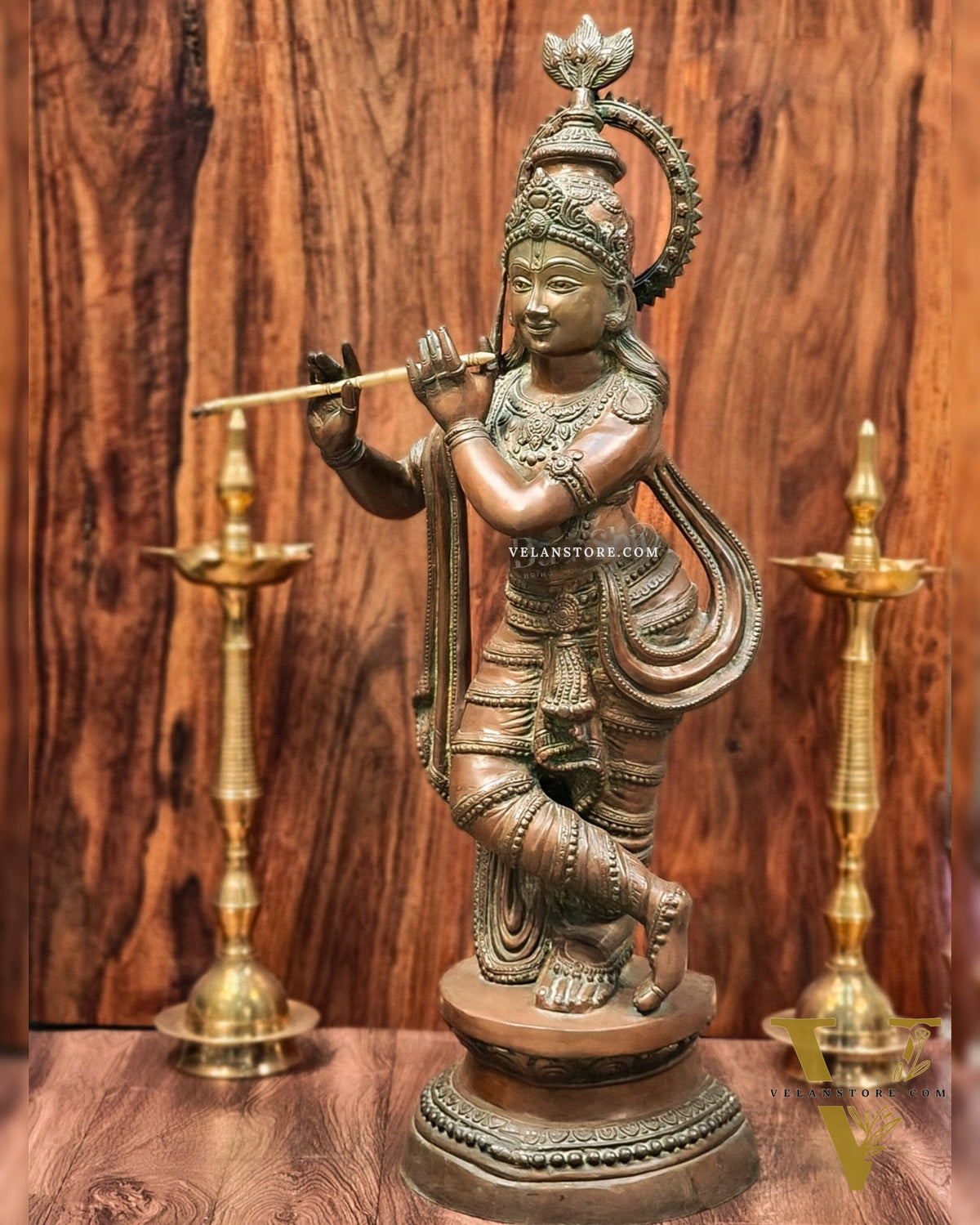 Large-Sized Brass Lord Krishna Statue | Antique Bronze Finish | 36 inch