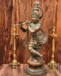 Large-Sized Brass Lord Krishna Statue | Antique Bronze Finish | 36 inch