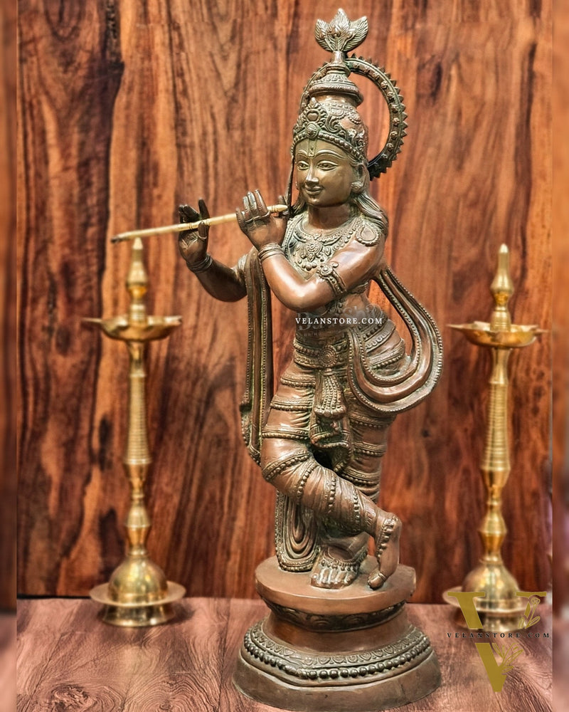 Large-Sized Brass Lord Krishna Statue | Antique Bronze Finish | 36 inch