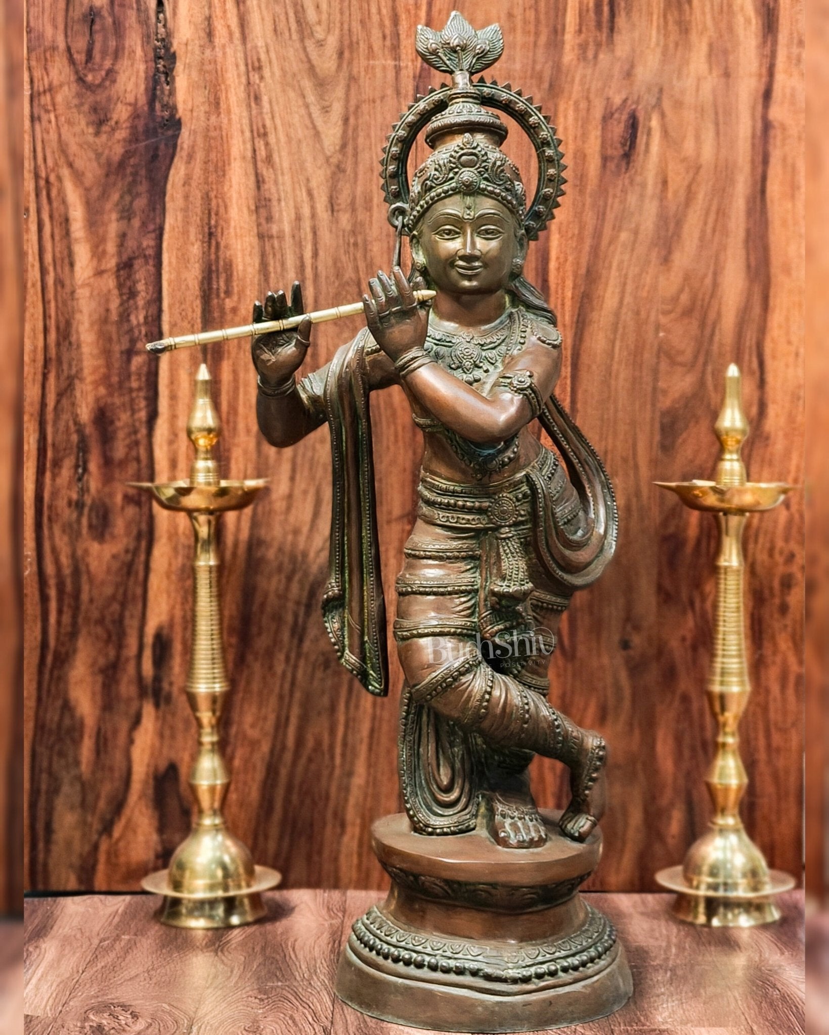 Large-Sized Brass Lord Krishna Statue | Antique Bronze Finish | 36 inch