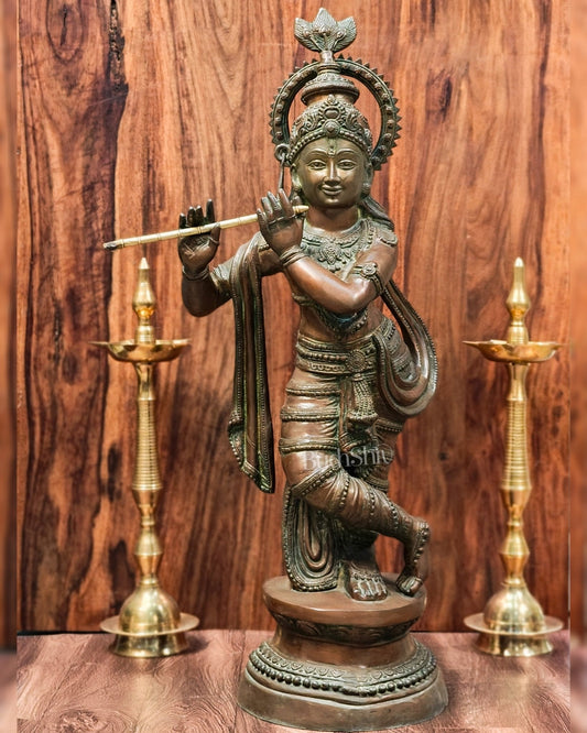 Large-Sized Brass Lord Krishna Statue | Antique Bronze Finish | 36 inch