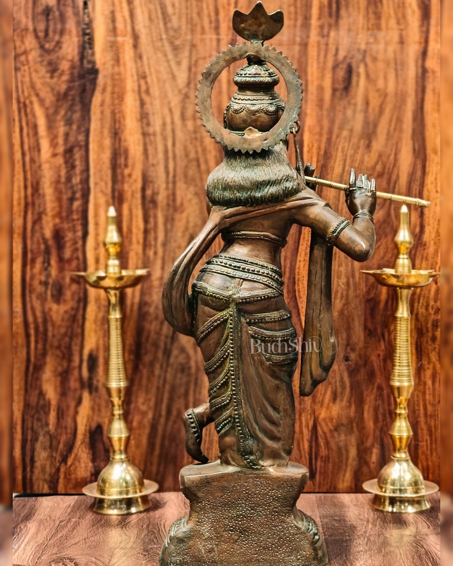 Large-Sized Brass Lord Krishna Statue | Antique Bronze Finish | 36 inch
