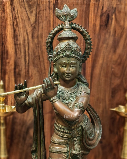 Large-Sized Brass Lord Krishna Statue | Antique Bronze Finish | 36 inch