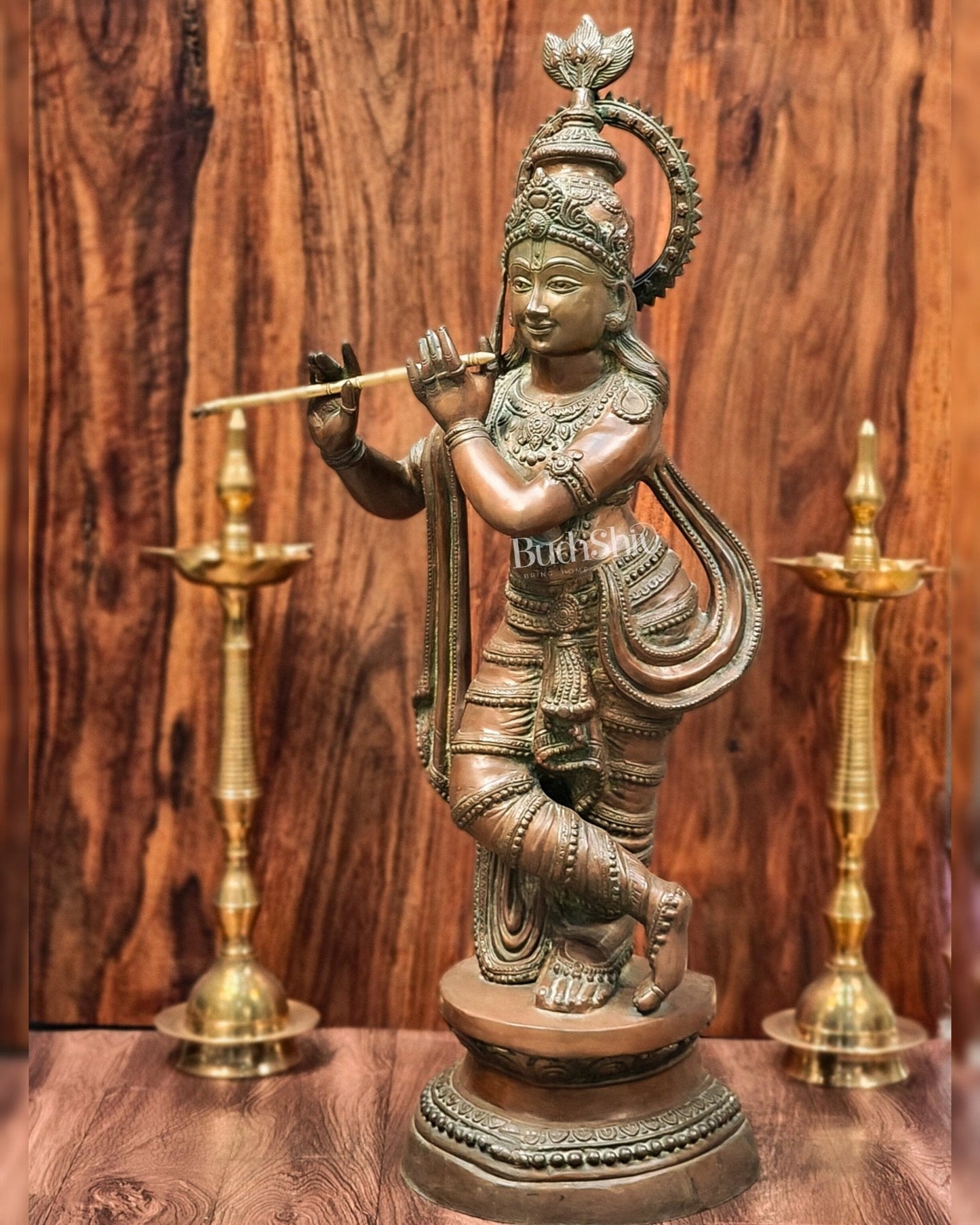Large-Sized Brass Lord Krishna Statue | Antique Bronze Finish | 36 inch