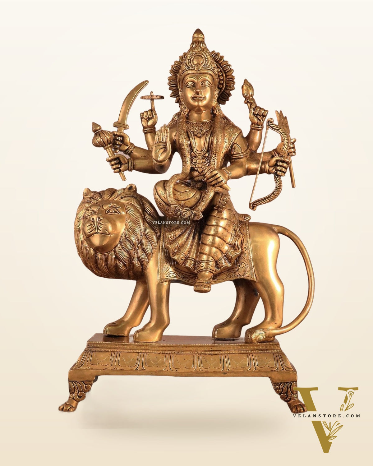 Large Superfine Brass Durga Mata Statue - Antique Golden Tone | Height 21.5 inch