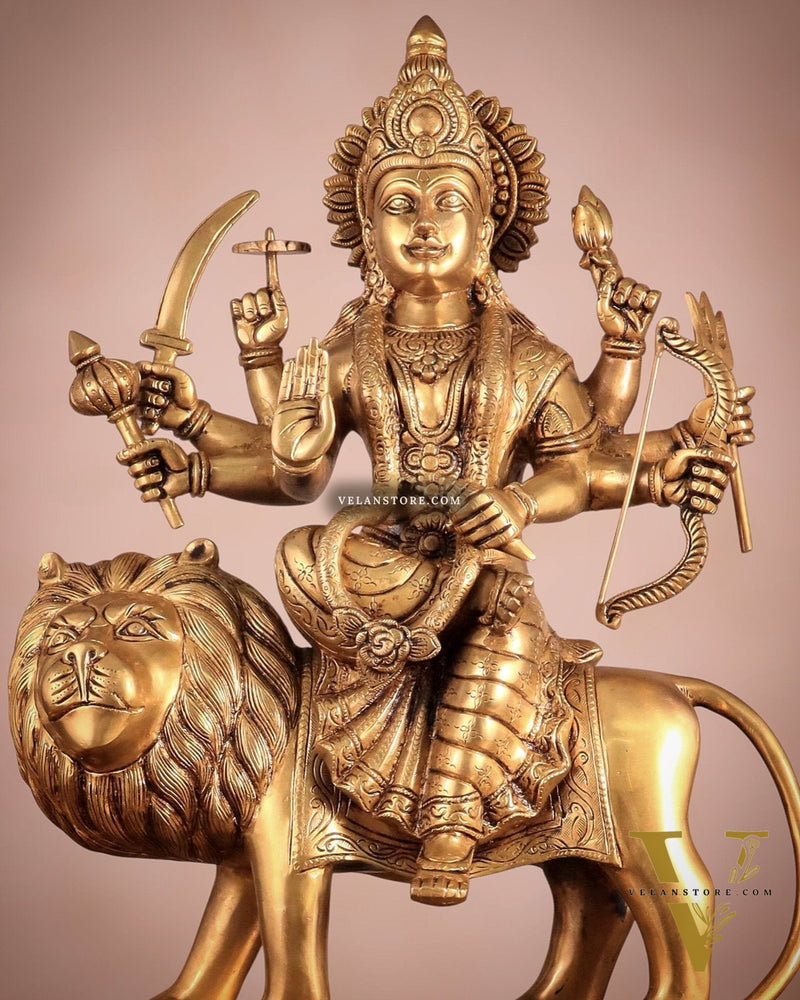 Large Superfine Brass Durga Mata Statue - Antique Golden Tone | Height 21.5 inch