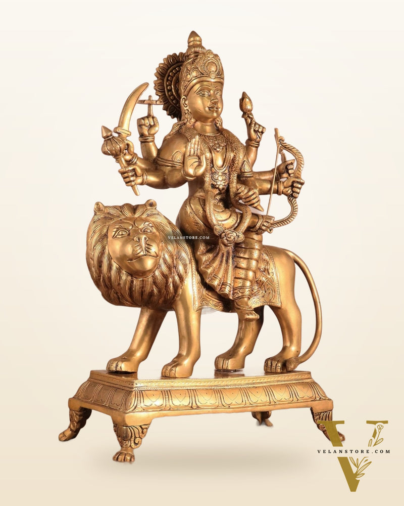 Large Superfine Brass Durga Mata Statue - Antique Golden Tone | Height 21.5 inch