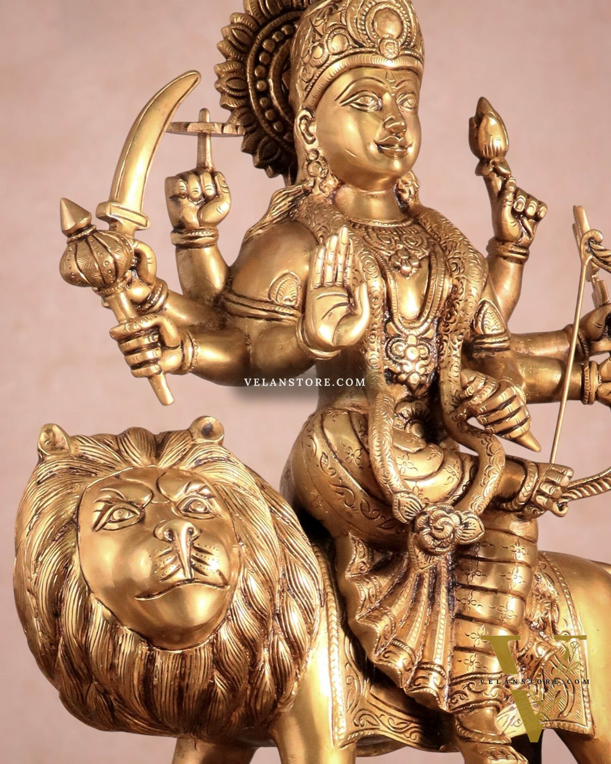 Large Superfine Brass Durga Mata Statue - Antique Golden Tone | Height 21.5 inch