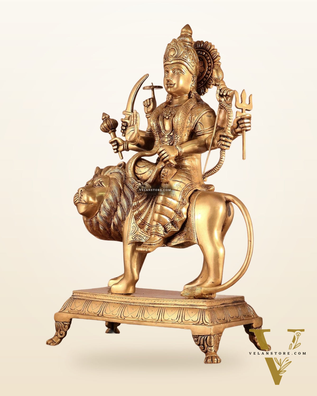 Large Superfine Brass Durga Mata Statue - Antique Golden Tone | Height 21.5 inch